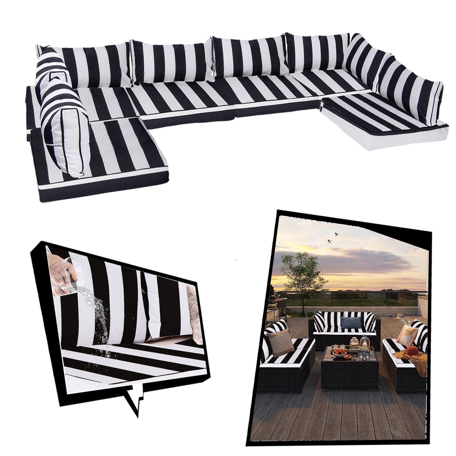 SDJPOI Patio Furniture Sectional Cushions, 14 Piece Waterproof Outdoor Sofa Cushion Replacement(black white)