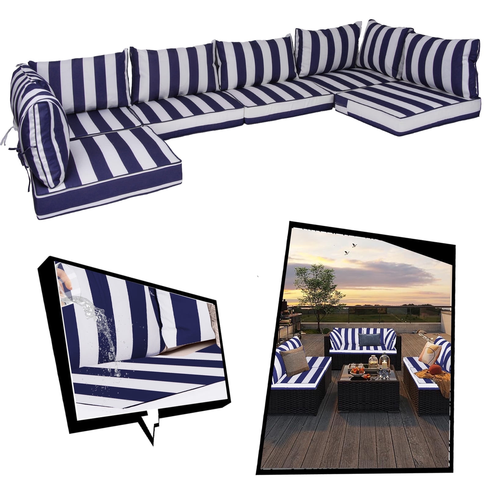 SDJPOI Patio Furniture Sectional Cushions, 14 Piece Waterproof Outdoor Sofa Cushion Replacement(blue white)
