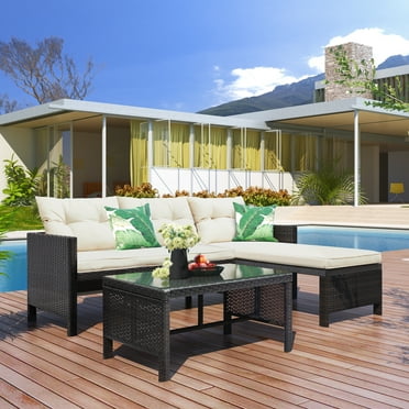 Patio Furniture Sectional Set, 3 Pieces PE Wicker Cushioned Sofa Set, Outdoor Conversation Chair Set with Two-Seater Sofa, Lounge Sofa and Coffee Table, for Backyard, Poolside, Garden, Deck, D6029