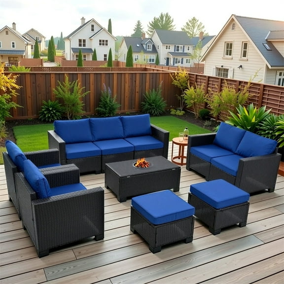 Patio Furniture Set, 10 Pieces Outdoor Wicker Rattan Sofa Couch with Chairs, Ottomans and Comfy Cushions, All Weather High Back Conversation Set for Garden Backyard, Blue