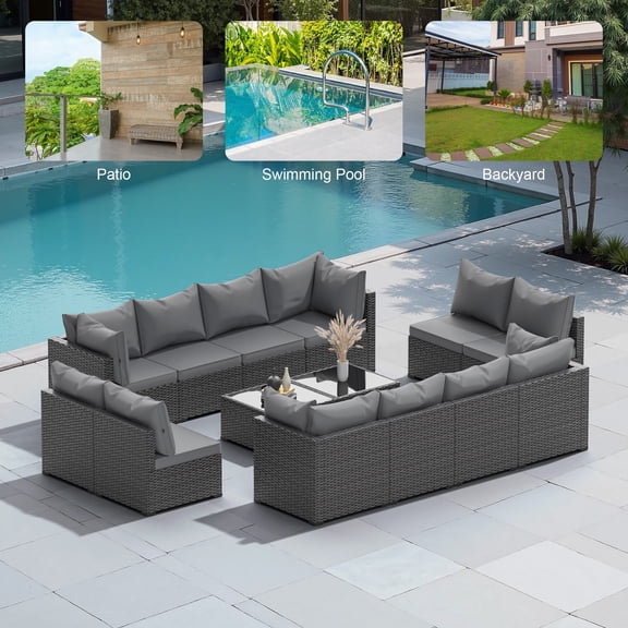 Patio Furniture Set 14 Pieces PE Wicker Sectional Sofa Conversation Sets with Coffee Table and Cushions All Weather Outside Seating,Gray