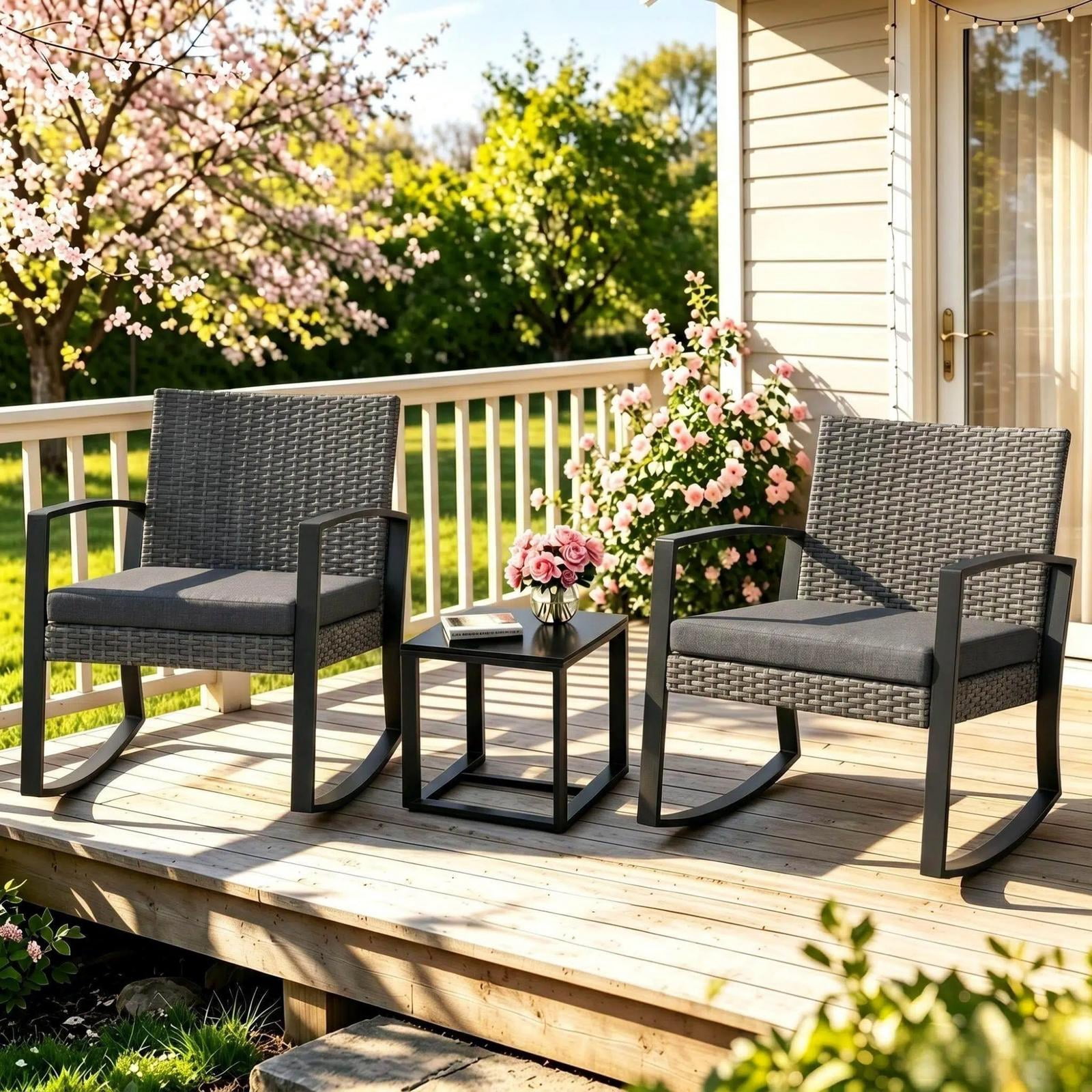 Patio Furniture Set for 2,  Lofka Outdoor Garden Bistro Set with Rocking Chairs, Glass Coffee Table & Removable Cushion for Backyard Balcony Lawn Pool, Black