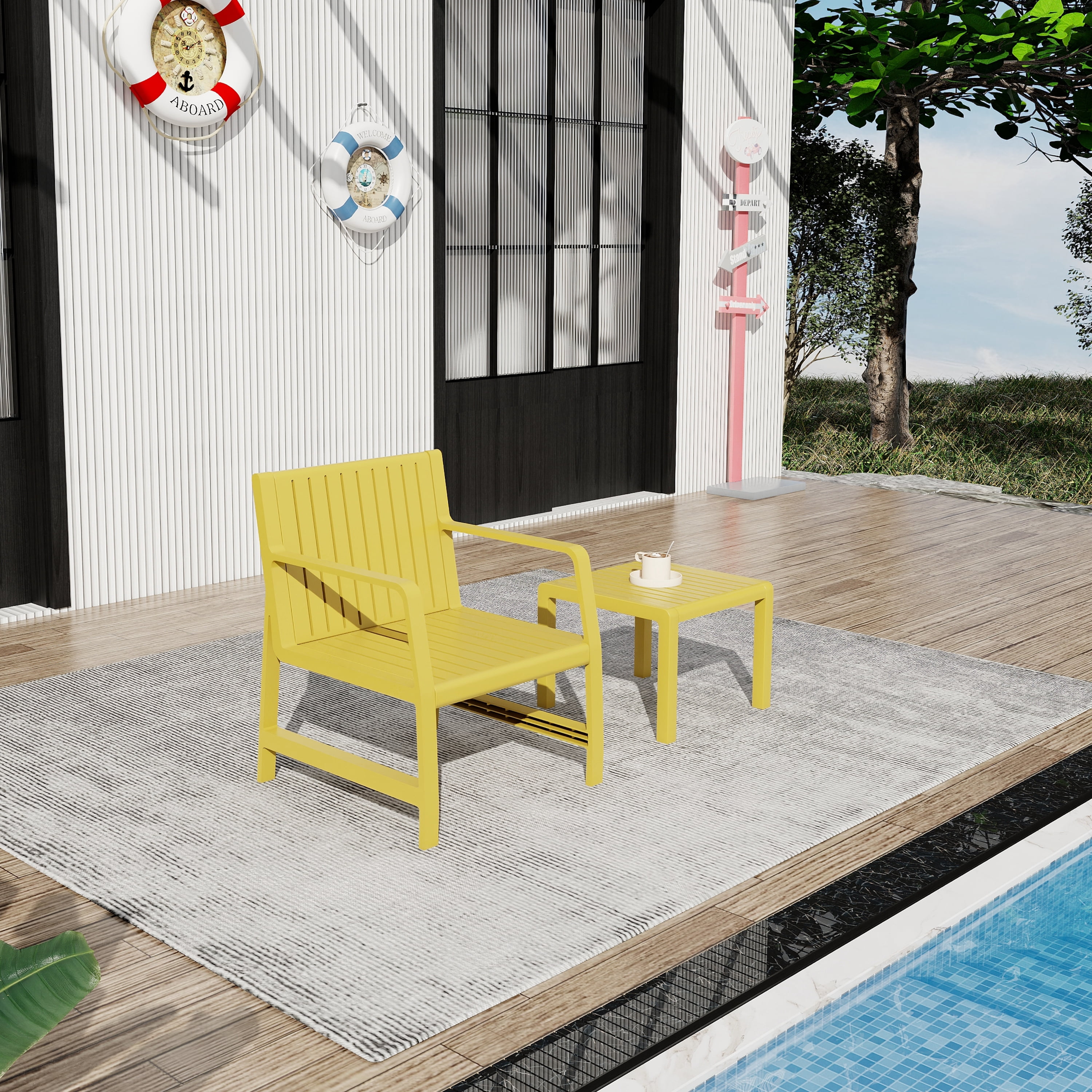 Patio Furniture Set, 2 Piece PP Material Chair Table Combo for Garden Balcony Yard, Yellow