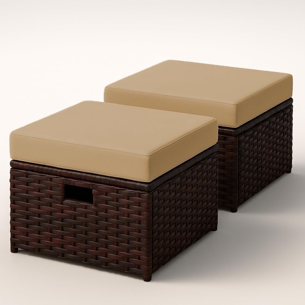 2 Pieces Outdoor Patio Ottoman, All Weather Rattan Wicker Ottoman Seat, Patio Rattan Furniture, Outdoor Footstool Footrest Seat /Removable Cushions(Brown&Brown)