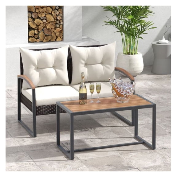 Patio Furniture Set 2 Pieces, PE Wicker Loveseat with Acacia Coffee Table, Outdoor Conversation Set for Balcony, Backyard, Off White Cushions, Mix Brown Rattan