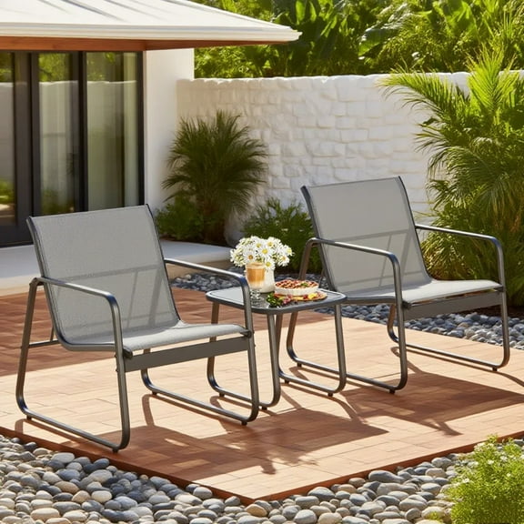 Patio Furniture Set of 3, Lofka Patio Bistro Set with Metal Frame Glass Table, Outdoor Chairs Set of 3 for Balcony, Bistro Table and Chairs Set for Lawn, Gray