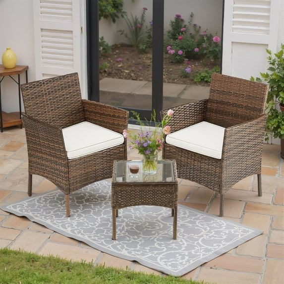 Patio Furniture Set, 3 PCS Rattan Patio Chairs Conversation Sets with Coffee Table and Cushion, Outdoors Wicker Bistro Chair Sets, Weather-Resistant, Beige