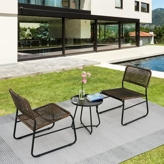 Patio Furniture Set 3 Piece Mixture Pattern PE Rattan Steel Frame Chair And Modern Round Table, Brown and Black