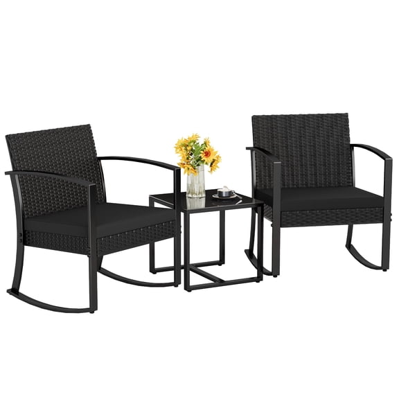 Patio Furniture Set 3 Piece Resin Outdoor Bistro Set Rocking Chairs With Cushions And Coffee Table, Comfortable Manual Rocker Conversation Chat Set For Porch Poolside Balcony Yard, Black
