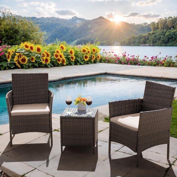 Patio Furniture Set 3 Pieces All-Weather Rattan Outdoor Furniture Patio Chairs with Tempered Glass Table for Porch Bistro Balcony,Beige
