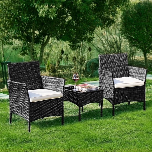 Patio Furniture Set, 3 Pieces All-Weather Rattan Outdoor Furniture Patio Chairs with Tempered Glass Table for Porch Bistro Balcony, Black
