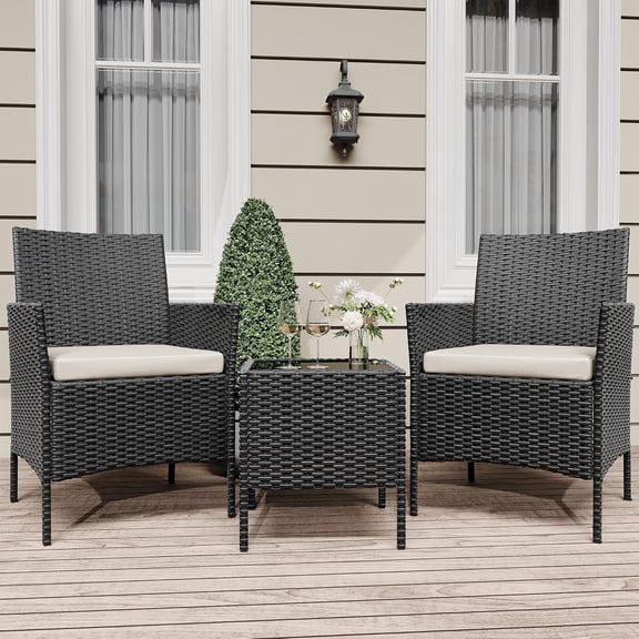 Patio Furniture Set 3 Pieces,Outdoor Patio Conversation Sets, PE Rattan Wicker Furniture Set with 2 Chairs,Soft Cushion and 1 Coffee Table, Bistro Set of 2 for Backyard Balcony Porch Apartments,Black