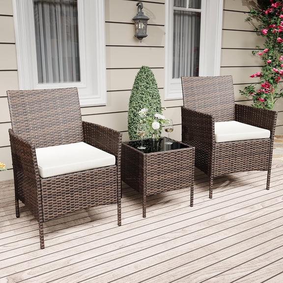 Patio Furniture Set 3 Pieces,Outdoor Patio Conversation Sets, PE Rattan Wicker Furniture Sets with 2 Chairs,Soft Cushion and 1 Coffee Table, Bistro Set of 2 for Backyard, Apartments,Brown