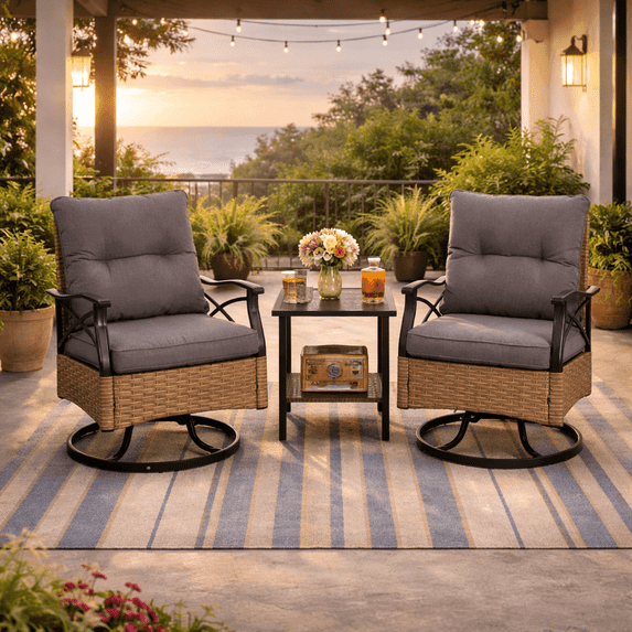 Patio Furniture Set, 3 Pieces Outdoor Swivel Rocker Chairs Set of 2, Rattan Wicker Conversation Set with 2 Rocking Swivel Chairs & Side Table, 360° Rotation Deep Seating for Porch Backyard Deck