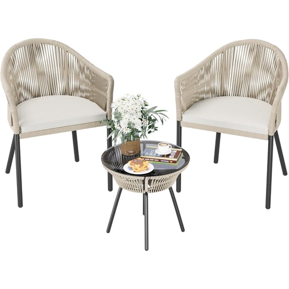 Patio Furniture Set 3 Pieces Rope Woven Bistro Set Outdoor Conversation Set with 2 Wide Chairs,Cushions and Tempered Glass Table for Balcony Porch Backyard Garden Poolside