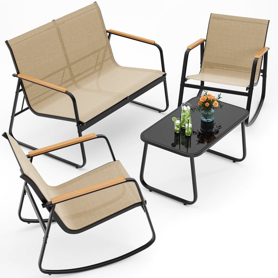 Patio Furniture Set of 4,Asofer Outdoor Bistro Conversation Set with Coffee Table, Rocking Chairs and Loveseat for Balcony, Porch, Backyard,Dark Brown