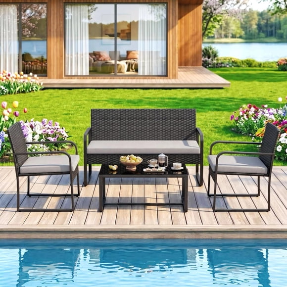 Patio Furniture Set, Lofka 4 Pieces Outdoor Conversation Set with Rattan Chairs & Loveseat, Removable Cushions for Garden Backyard, Gray