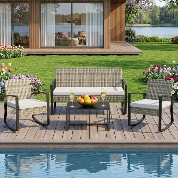 Patio Furniture Set, Lofka 4 Pieces Outdoor Conversation Set with Rattan Rocking Chairs & Loveseat, Removable Cushions for Garden Backyard, Gray