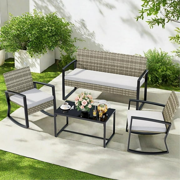 Patio Furniture Set for 4,Lofka 4 Pieces Patio Comversation Set with Outdoor Rocking Chairs,Rattan Loveseat,Glass Bistro Coffee Table,Removable Cushion for Backyard Balcony Lawn Pool,Gray