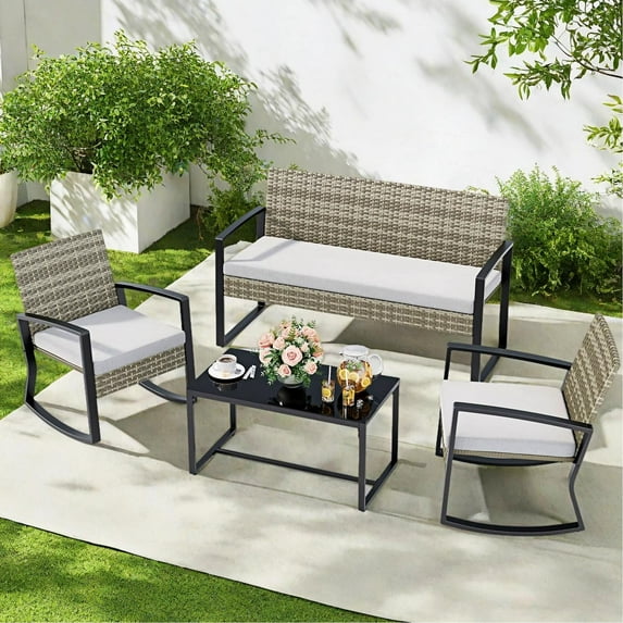 Patio Furniture Set for 4,Lofka 4 Pieces Patio Comversation Set with Outdoor Rocking Chairs,Rattan Loveseat,Glass Bistro Coffee Table,Removable Cushion for Backyard Balcony Lawn Pool,Gray