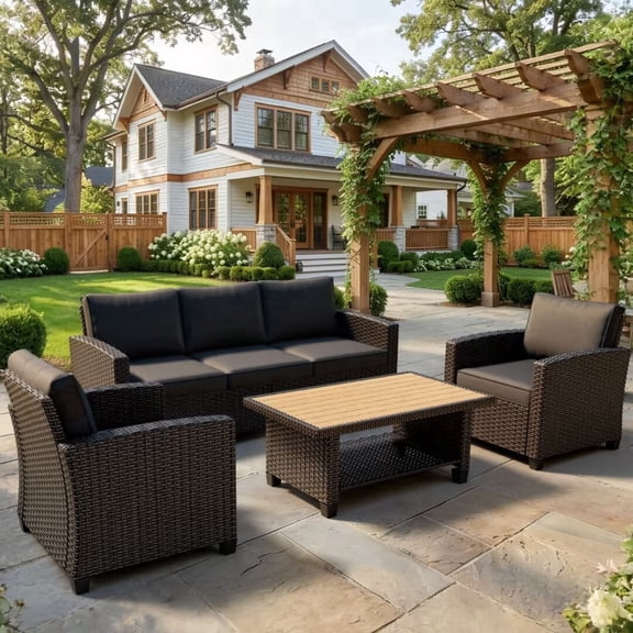 Patio Furniture Set 4 Piece - All-Weather - Rattan Wicker Outdoor Patio Conversation Set, Modular Sectional Sofa for Backyard, Garden, Patio, Poolside