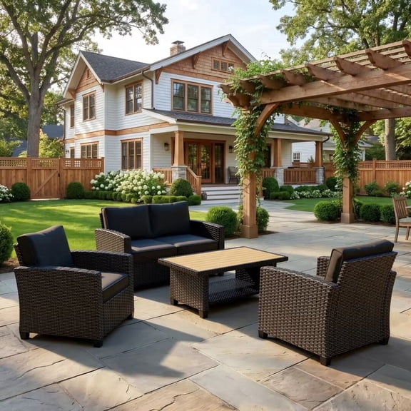 Patio Furniture Set 4 Piece - All-Weather - Rattan Wicker Outdoor Patio Conversation Set, Modular Sectional Sofa for Backyard, Garden, Patio, Poolside