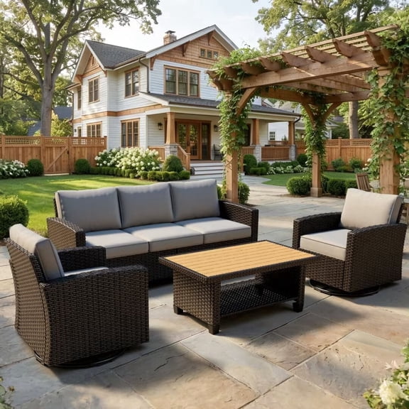 Patio Furniture Set 4 Piece - All-Weather - Rattan Wicker Outdoor Patio Conversation Set, Modular Sectional Sofa for Backyard, Garden, Patio, Poolside