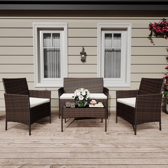 Patio Furniture Set, 4-Piece PE Rattan Wicker Patio Set with Cushions and Glass Table, Outdoor for Porch, Garden, Balcony, Modern Outdoor Patio Furniture Set