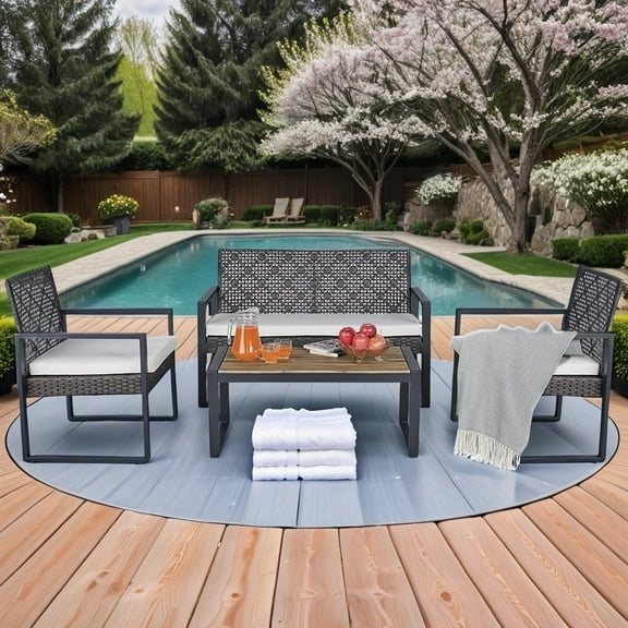 Patio Furniture Set 4 Pieces Conversation Sets Outdoor Wicker Rattan Chairs for Garden Backyard Balcony Porch Poolside with Soft Cushion, Beige