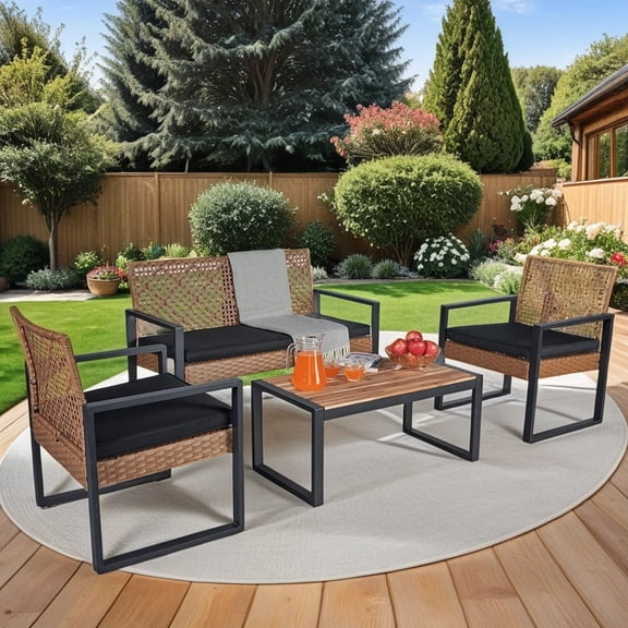 Patio Furniture Set 4 Pieces Conversation Sets Outdoor Wicker Rattan Chairs for Garden Backyard Balcony Porch Poolside with Soft Cushion, Black