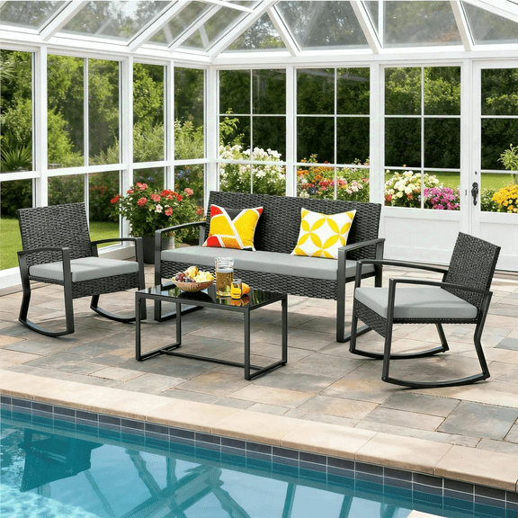 Lofka Outdoor Patio Furniture Set Clearance with Wicker Chairs and Tempered Glass Table for Balcony|Garden|Porch, Gray Cushions