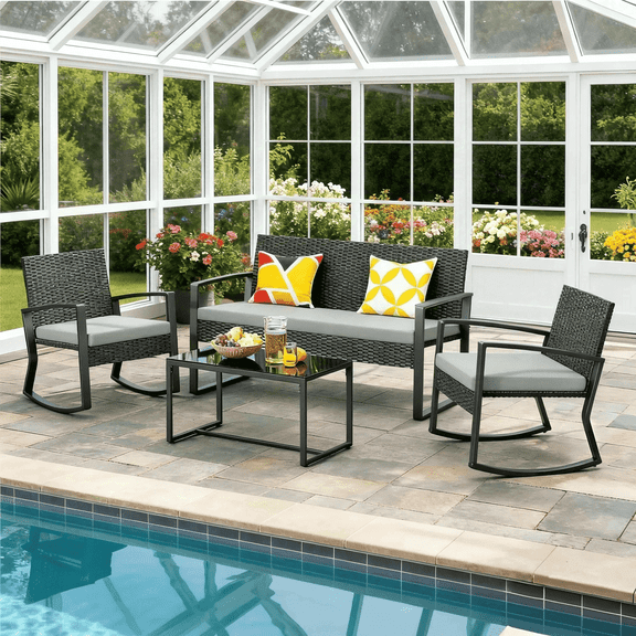 Lofka Outdoor Patio Furniture Set Clearance with Wicker Chairs and Tempered Glass Table for Balcony or Garden Porch, Gray Cushions