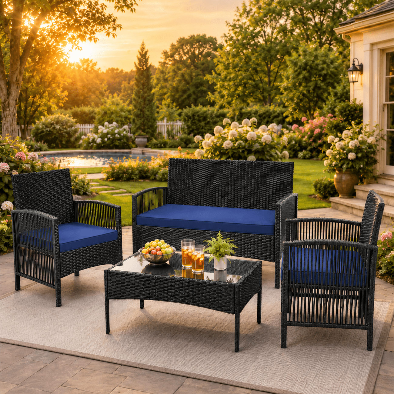 Patio Furniture Set on Sale, 4 Pieces Outdoor Rattan Conversation Sofa Set, All-Weather Wicker Patio Sets, Cushioned Sofa and Coffee Table for Garden Deck Courtyard, Nevy
