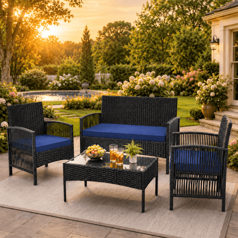Patio Furniture Set on Sale, 4 Pieces Outdoor Rattan Conversation Sofa Set, All-Weather Wicker Patio Sets, Cushioned Sofa and Coffee Table for Garden Deck Courtyard, Nevy