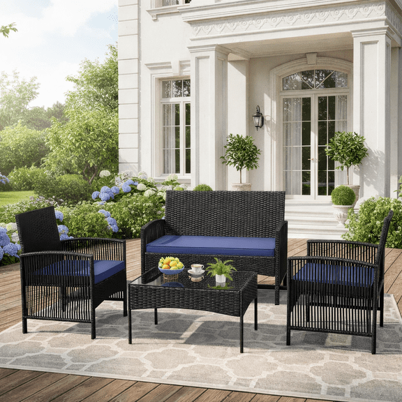 Patio Furniture Set on Sale, 4 Pieces Outdoor Rattan Conversation Sofa Set, All-Weather Wicker Patio Sets, Cushioned Sofa and Coffee Table for Garden Deck Courtyard, Nevy