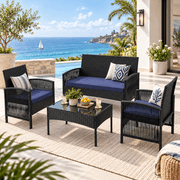 Patio Furniture Set on Sale, 4 Pieces Outdoor Rattan Conversation Sofa Set, All-Weather Wicker Patio Sets, Cushioned Sofa and Coffee Table for Garden Deck Court
