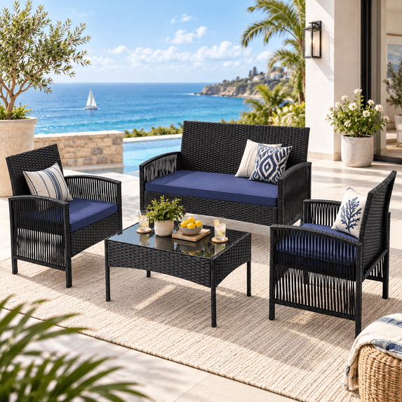 Patio Furniture Set on Sale, 4 Pieces Outdoor Rattan Conversation Sofa Set, All-Weather Wicker Patio Sets, Cushioned Sofa and Coffee Table for Garden Deck Courtyard, Nevy