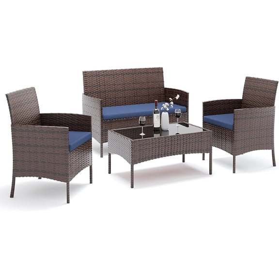 Patio Furniture Set 4 Pieces Small, Belcony Furniture Outdoor Wicker Patio Conversation Set for Backyard,Porch, Deck,Garden,Poolside and Balcony (Blue)