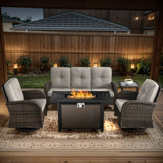 Patio Fire Pit Furniture Set 5-Piece Outdoor Wicker Furniture Set with 43" Propane Gas Fire Pit Table Outdoor Conversation Sofa Set with Swivel Rocking Chairs and Side Table, Beige Cushions