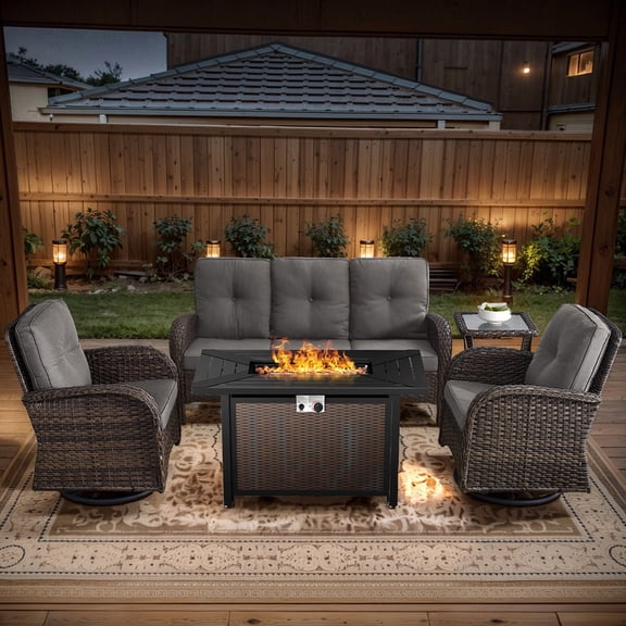 Patio Fire Pit Furniture Set 5-Piece Outdoor Wicker Furniture Set with 43" Propane Gas Fire Pit Table Outdoor Conversation Sofa Set with Swivel Rocking Chairs and Side Table, Gray Cushions
