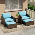 thumbnail image 1 of Patio Furniture Set 5-Piece, PE Rattan Wicker Outdoor Seating Sectional with Ottomans & Glass Coffee Table, All-Weather Conversation Set-Blue, 1 of 8