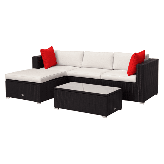 Patio Furniture Set 5 Piece, PE Rattan Wicker Outdoor Sofa Sectional with Cushions & Glass Table, Garden Backyard Furniture with Pillows