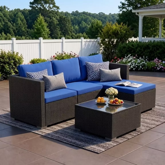 Patio Furniture Set 5 Piece - Wide Armrests - All-Weather Wicker Rattan Outdoor Patio Conversation Couch Sets, Modular Sectional Sofa for Garden, Patio, Poolside, Backyard, Balcony, Porch,Navy Blue