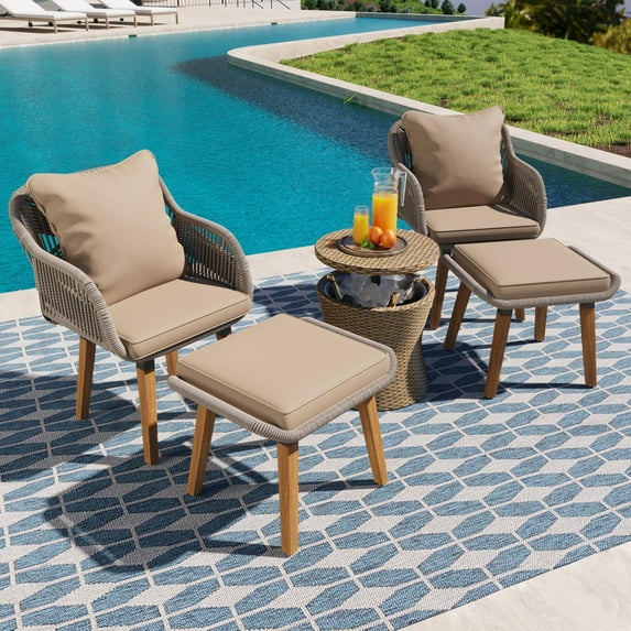 Patio Furniture Set 5 Pieces, Outdoor Bistro Table and Chairs Set with Pop Up Patio Bar Table and Ottomans, Wicker Patio Conversation Sets for Porch Backyard Balcony Poolside, Brown