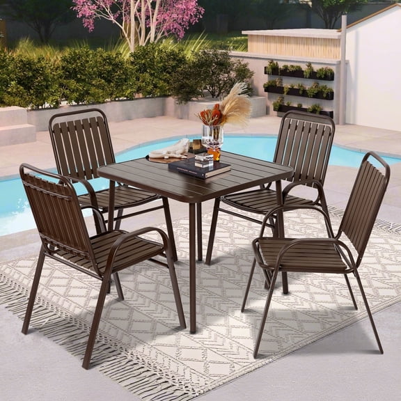 Patio Furniture Set, 5-piece Outdoor Dining Set Wood Grain Top, Plastic Patio Table and Chairs for Deck Yard Balcony Porch, All-weather Steel Frame, 4-person Dining Set for Indoor Outdoor, Brown