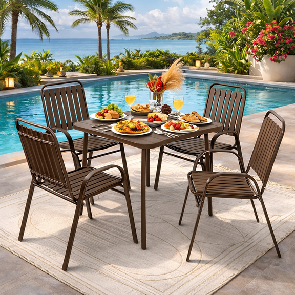 Patio Furniture Set, 5-piece Outdoor Dining Set Wood Grain Top, Plastic Patio Table and Chairs for Deck Yard Balcony Porch, All-weather Steel Frame, 4-person Dining Set for Indoor Outdoor, Brown