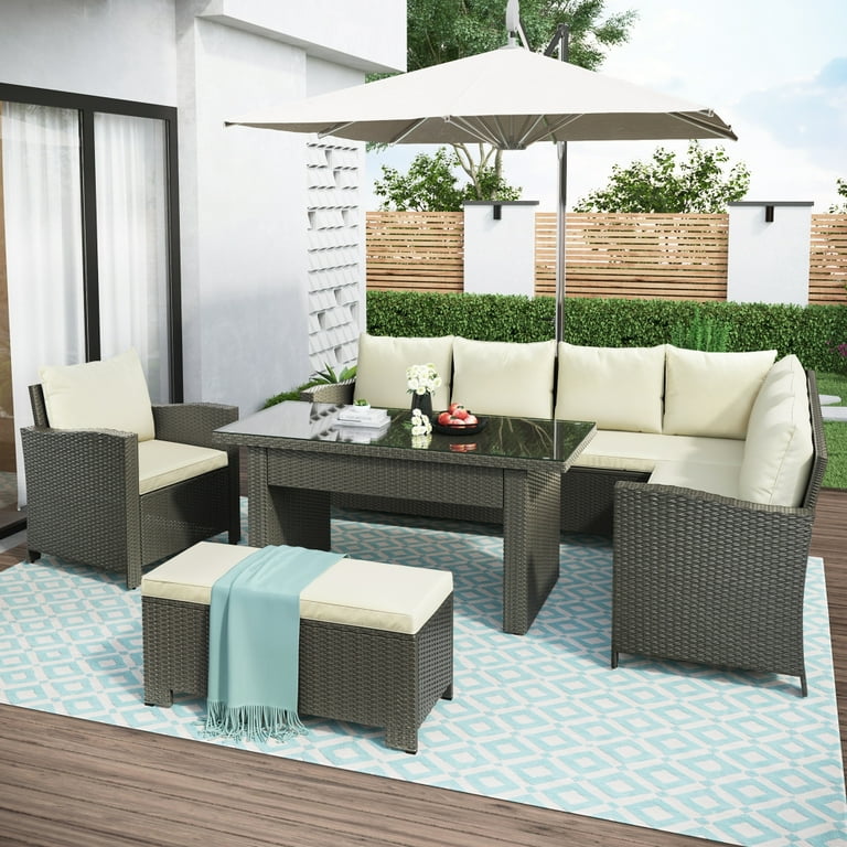 Patio Furniture Set 6 Piece Outdoor Garden Conversation Set PE Wicker Lawn Rattan Patio Furniture Set with 2 Love Seat 1 Bench 1 Single Chair 1