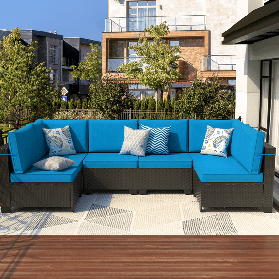 Patio Furniture Set 6 Pieces Modular Outdoor Sectional Wicker Conversation Sets Patio Couch All Weather Sectional Seating Sofas with Cushion and Glass Table for Backyard, Garden
