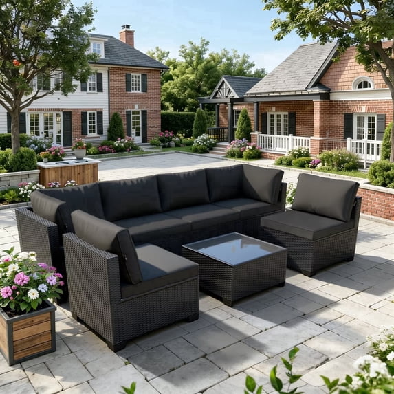 Patio Furniture Set 7 Piece - All-Weather - Wicker Rattan Patio Outdoor Conversation Set, Modular Sectional Sofa for Backyard, Garden, Poolside, Balcony, Porch, Patio,Black/Black