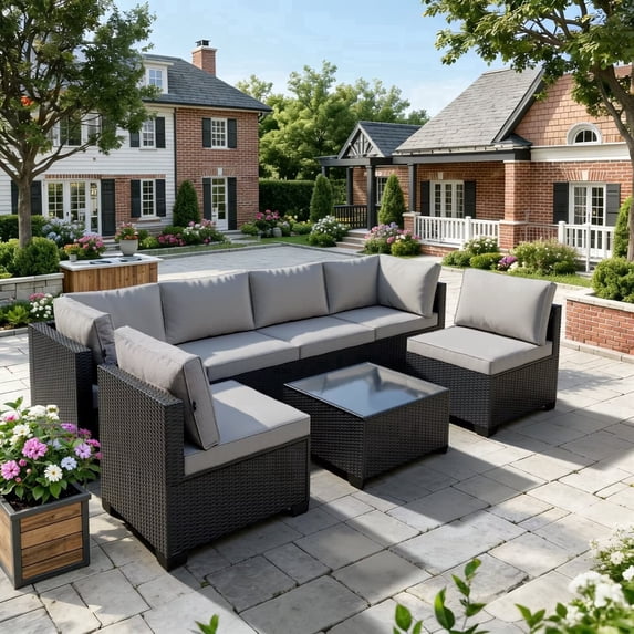 Patio Furniture Set 7 Piece - All-Weather - Wicker Rattan Patio Outdoor Conversation Set, Modular Sectional Sofa for Backyard, Garden, Poolside, Balcony, Porch, Patio,Black/Light Gray